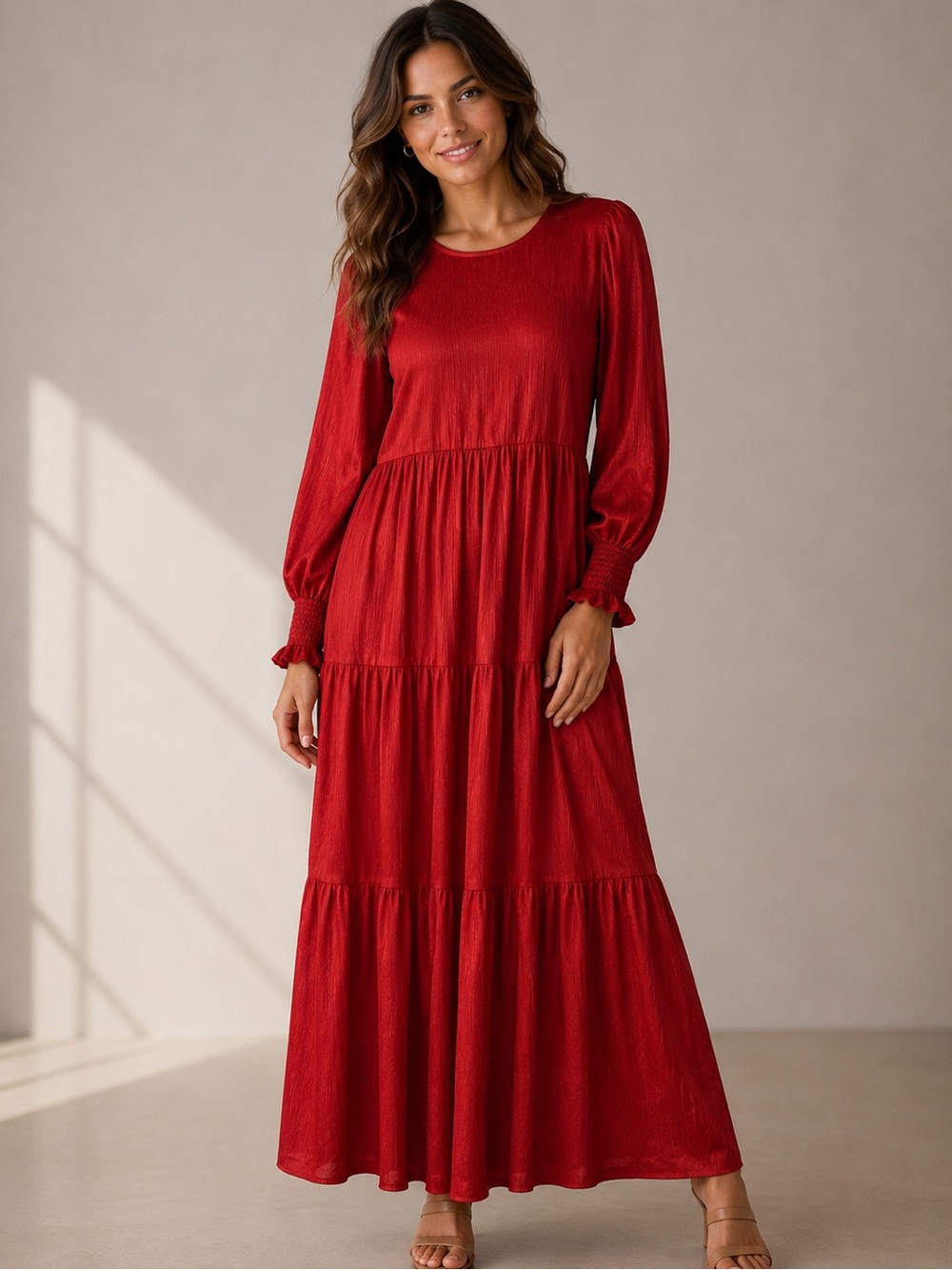 NWT Zesica Pecan Rust Long Sleeve Smocked Tiered Ruffle Peasant Dress Sz M (L)